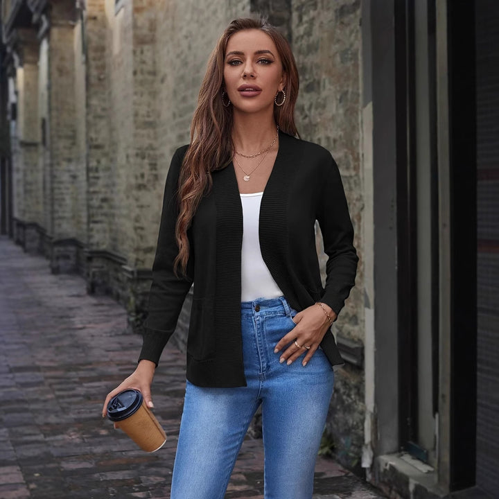 Damen lässige Strickjacke mit offenem Schnitt und feinen Rippdetails Drune