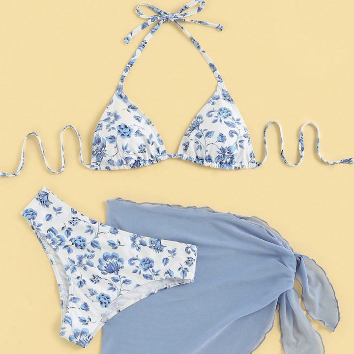 Damen Triangel-Bikini-Set mit romantischem Blumenmuster und eleganter Pareo Drune