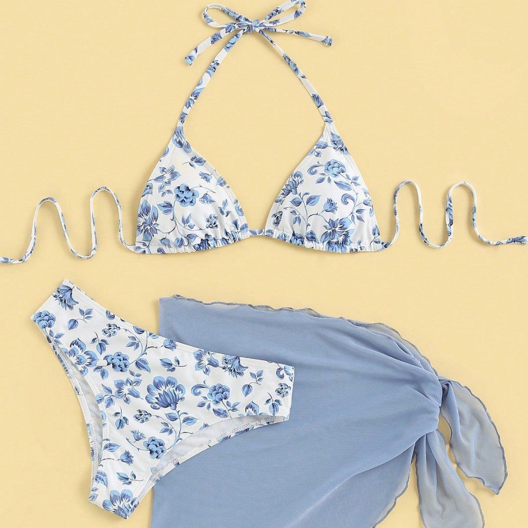 Damen Triangel-Bikini-Set mit Romantischem Blumenmuster und Eleganter Pareo Drune