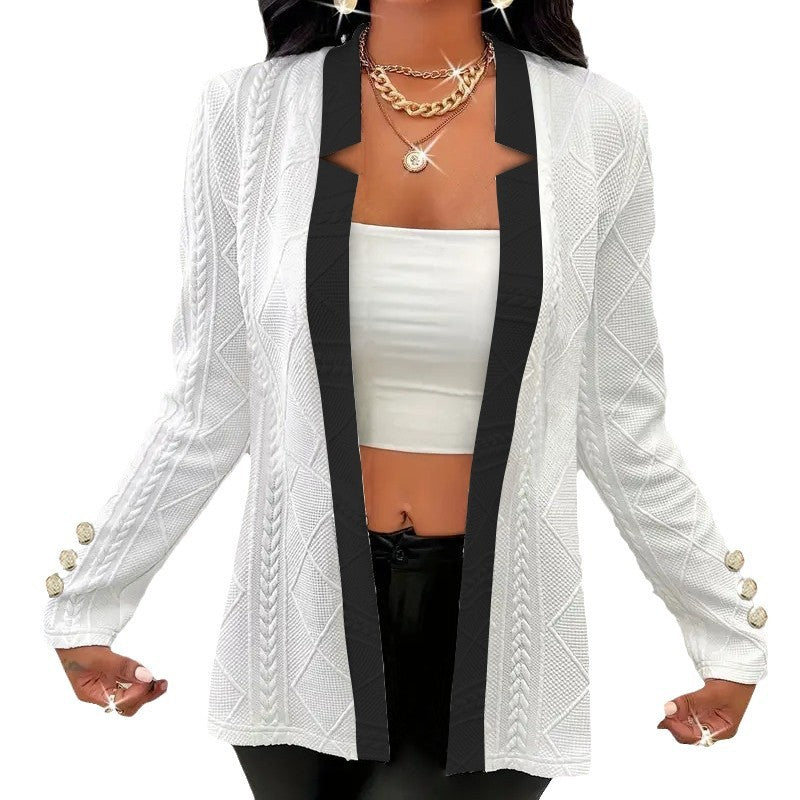 Damen Elegante Strickblazerjacke mit kontrastreichem Revers und einzigartiger Knopfdetails Drune