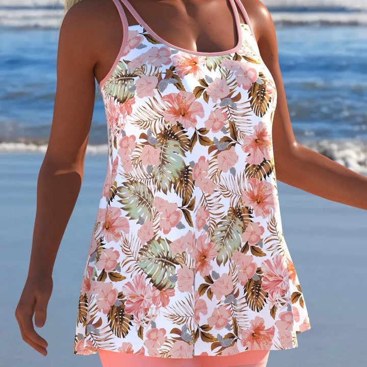 Damen Schwimmanzug in Plissee-Optik mit floralen Mustern und bequemen Shorts Drune