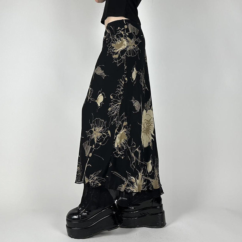 Damen Eleganter Maxirock mit floralem Muster und transparentem Untergrund Drune