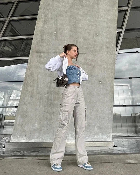 Damen nan weite High-Waist Cargo-Hose mit aufgesetzten Pattentaschen und geradem Bein Drune