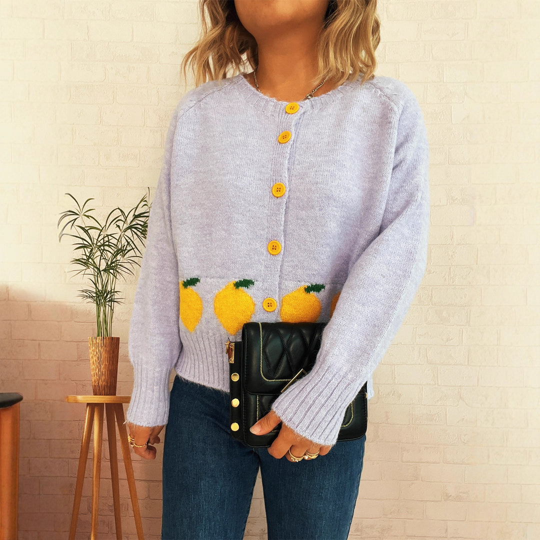 Damen kuschelige Strickjacke mit Zitronen-Motiv und bunten Knöpfen Drune