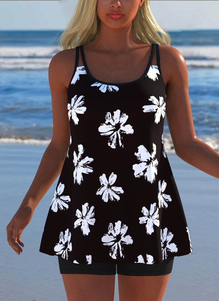 Damen Schwimmanzug in Plissee-Optik mit floralen Mustern und bequemen Shorts Drune