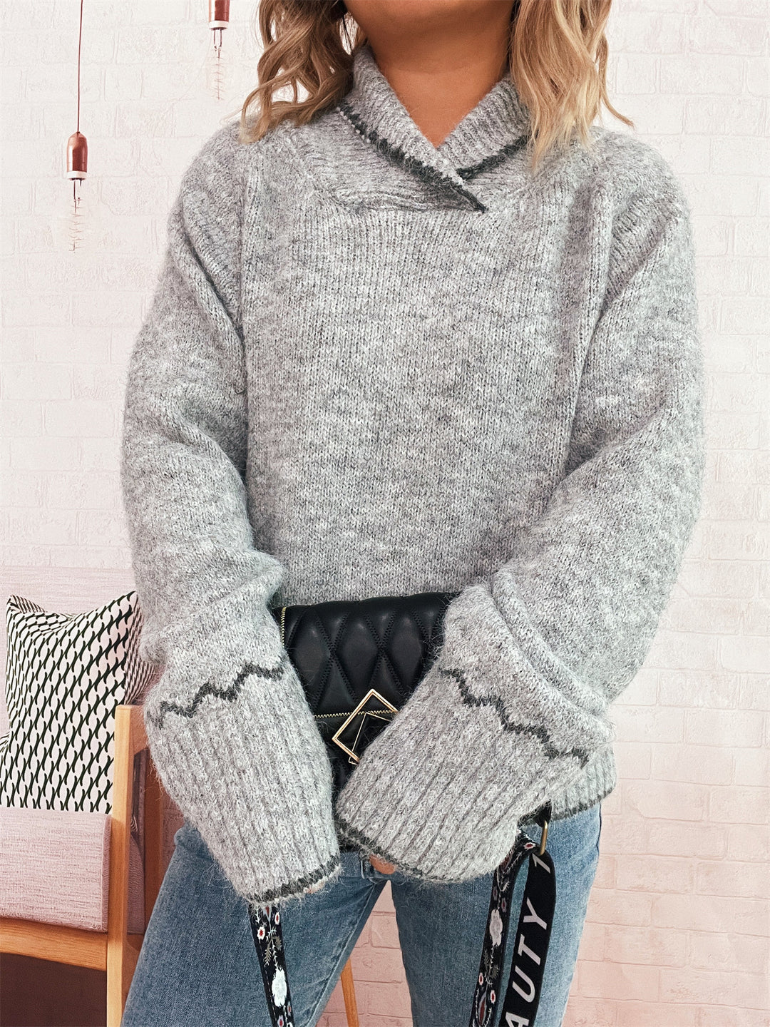 Damen kuscheliger Strickpullover mit Wellenrand Drune