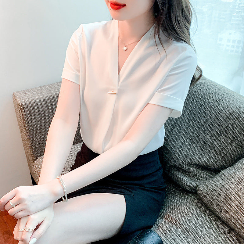Damen Elegante Bluse mit V-Ausschnitt und modischem Knopfdetail Drune