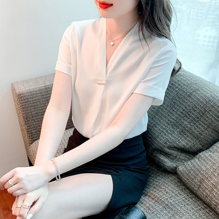 Damen Elegante Bluse mit V-Ausschnitt und modischem Knopfdetail Drune