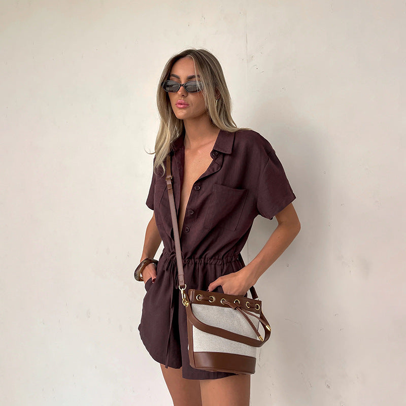 Damen lässiger Kurzarm-Jumpsuit mit Taillierung Drune