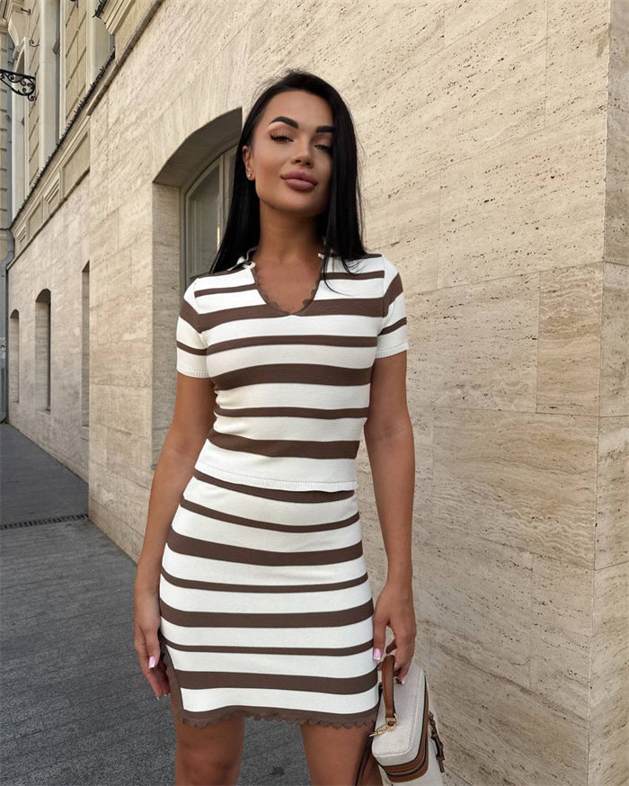 Damen Streifen Kleid mit kurzem Ärmel und Rippstruktur Drune