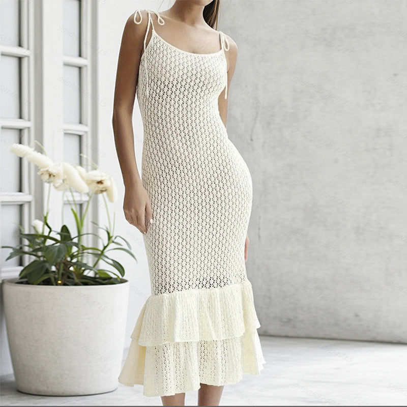 Damen Häkel-Maxikleid mit Volant und verstellbaren Trägern Drune