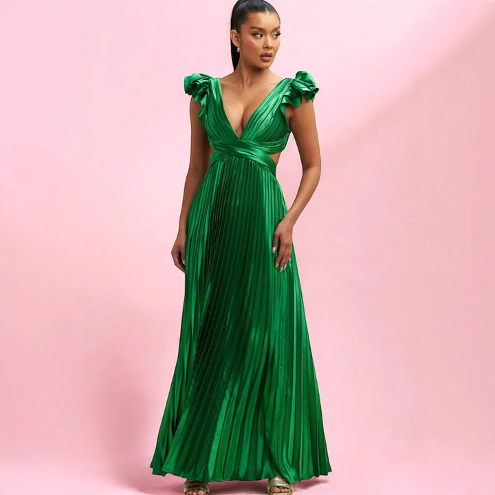 Damen Glamouröses Plissee-Maxikleid mit tiefem V-Ausschnitt und Puffärmeln Drune