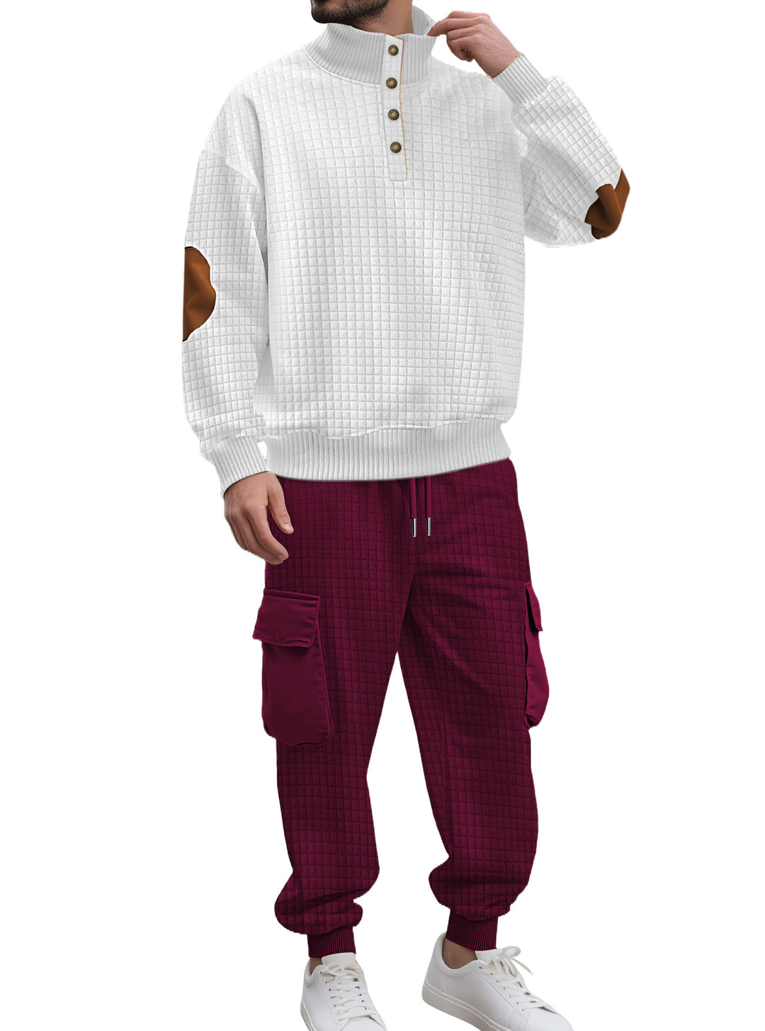 Herren nan Karo-Relief-Sweatset mit Stehkragen-Knopfleiste, Velours-Ellenbogenpatches und Cargo-Jogger Drune
