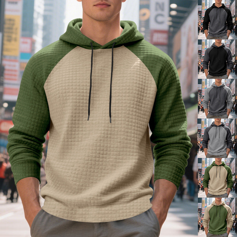 Herren nan strukturierter Raglan-Kapuzenpullover mit Waffelstruktur, Kordelzugkapuze und gerippten Bündchen Drune