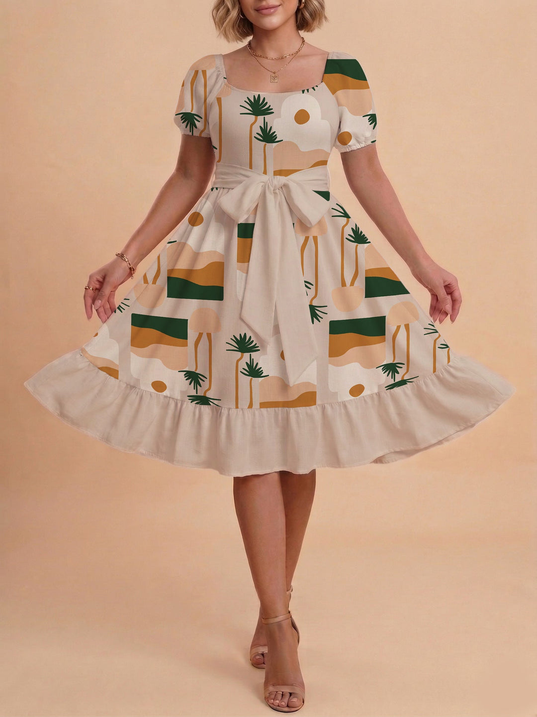 Damen Sommerliches Blumenkleid mit taillierbarem Gürtel und voluminösen Ärmeln Drune