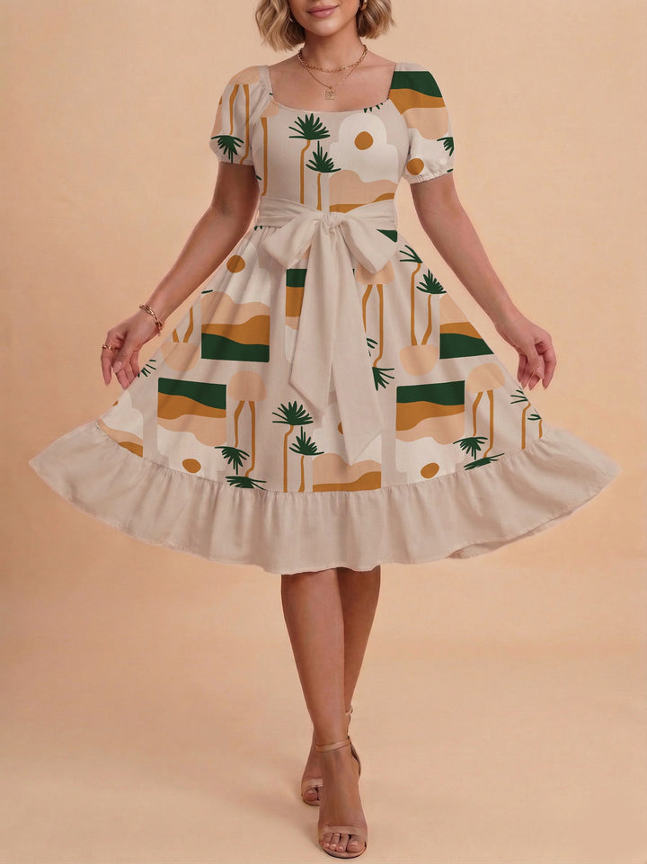Damen Sommerliches Blumenkleid mit taillierbarem Gürtel und voluminösen Ärmeln Drune