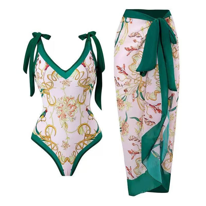Damen Badeanzug mit floralem Design und transparentem Wickelrock Drune