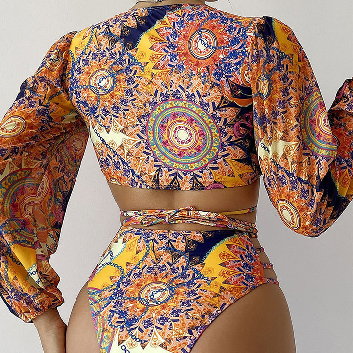 Damen Bunte Bikini mit Langarm-Oberteil und Schnürung Drune