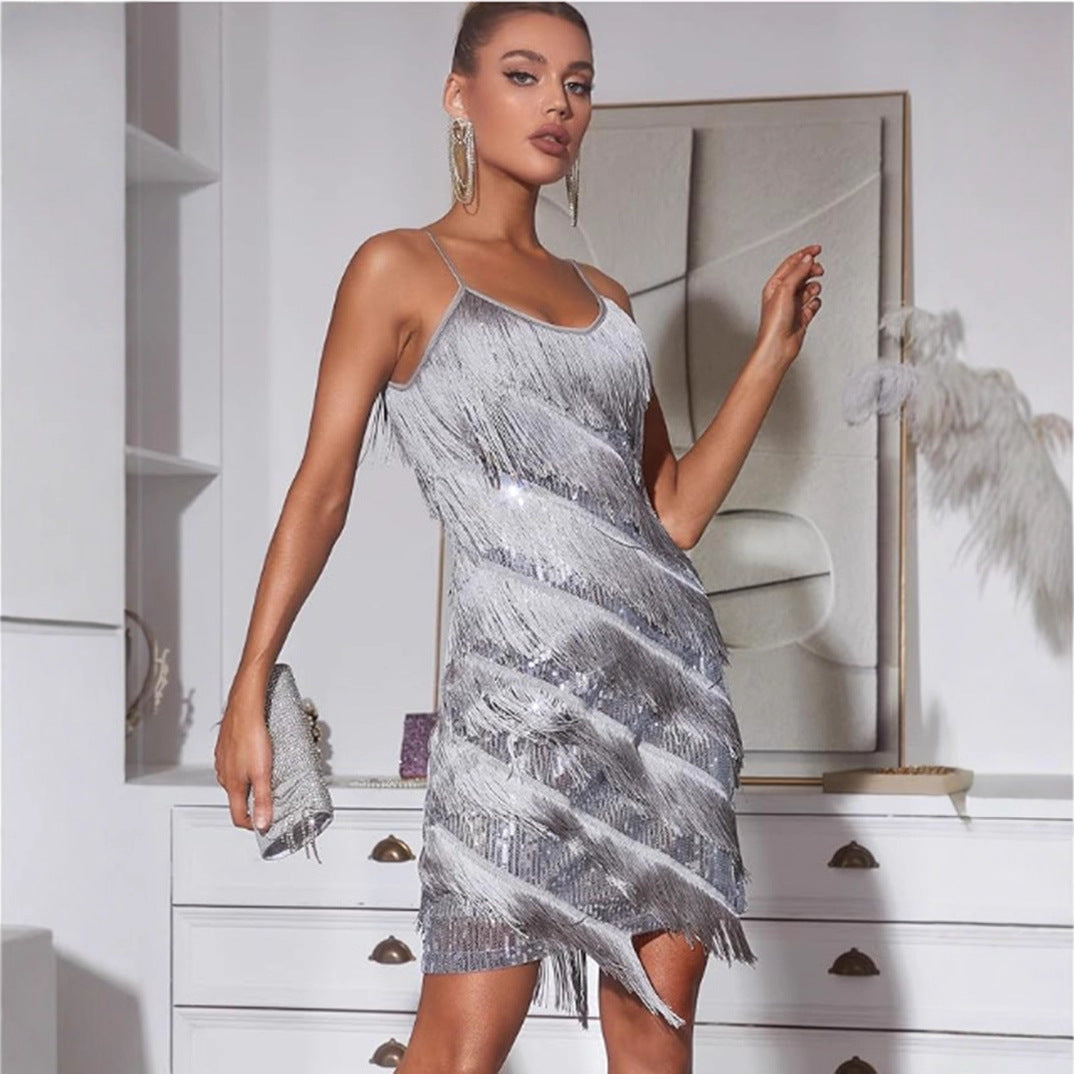 Damen Fransen-Minikleid mit schimmerndem Paillettenbesatz und verführerischem Schnitt Drune