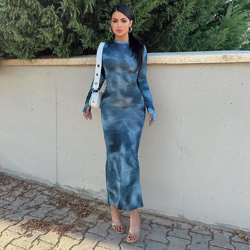 Damen Langarm-Maxi Kleid mit tiefer Ausschnitt Drune