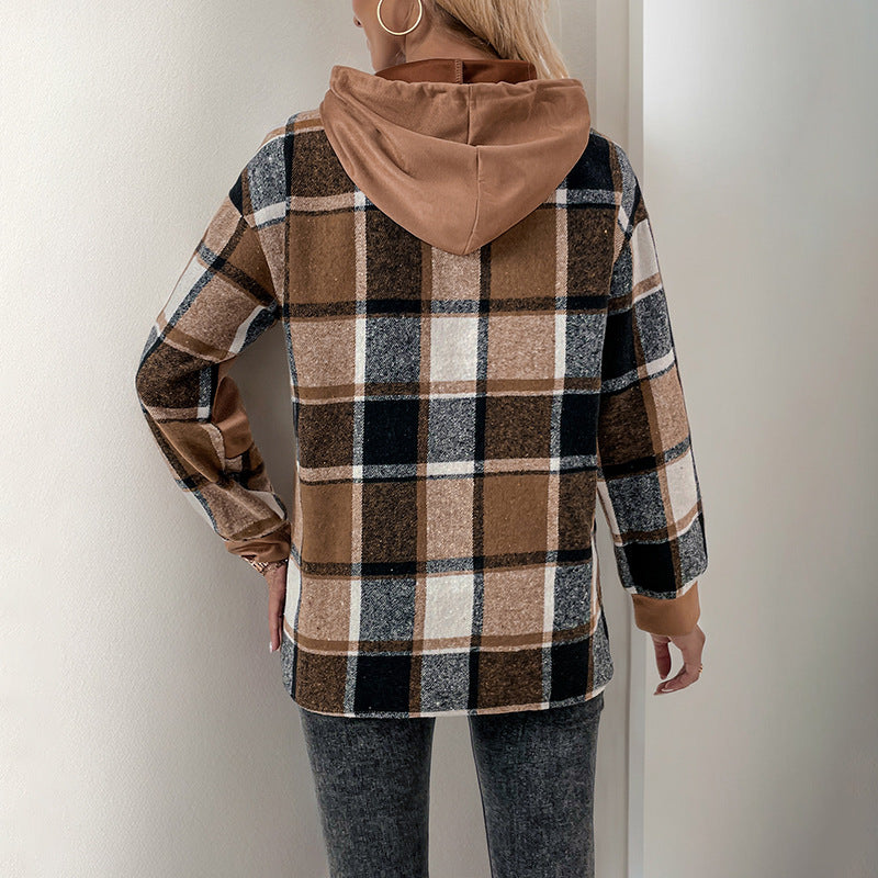 Damen lässiger Kapuzenpullover mit kariertem Patchwork-Design Drune