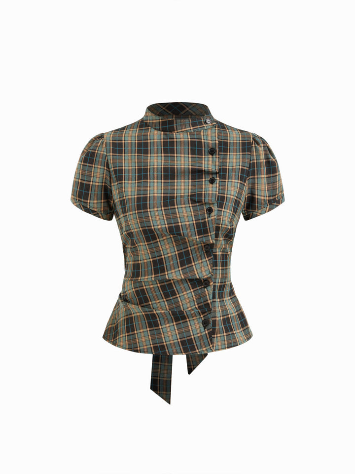 Damen Karierte Bluse mit hoher Taille und Puffärmeln Drune