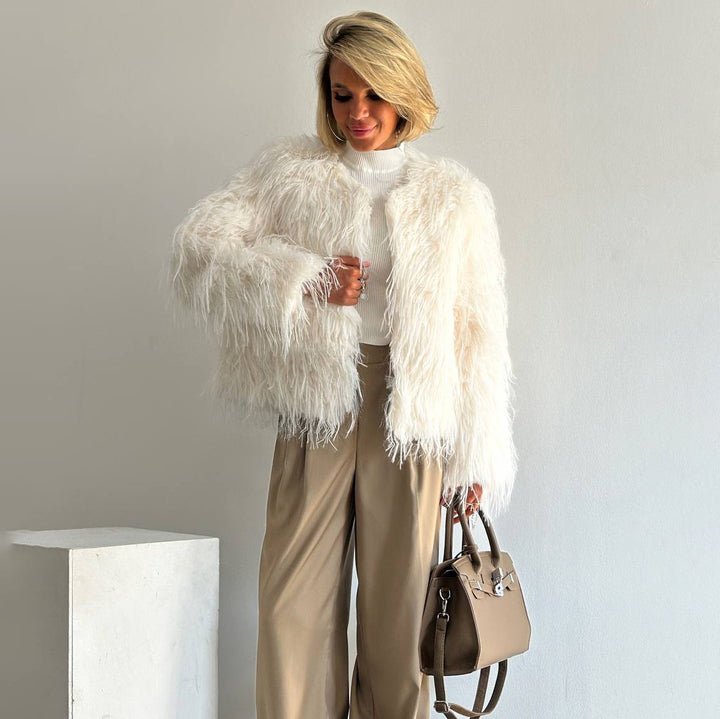 Damen Modischer Pelzimitat-Jacke mit breiten Ärmeln und lässigem Schnitt Drune