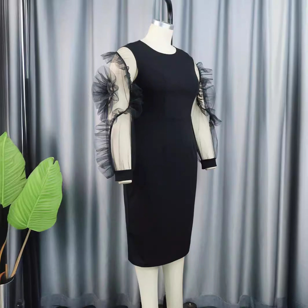 Damen Elegantes Figurbetontes Kleid mit voluminösen Tüllärmeln Drune