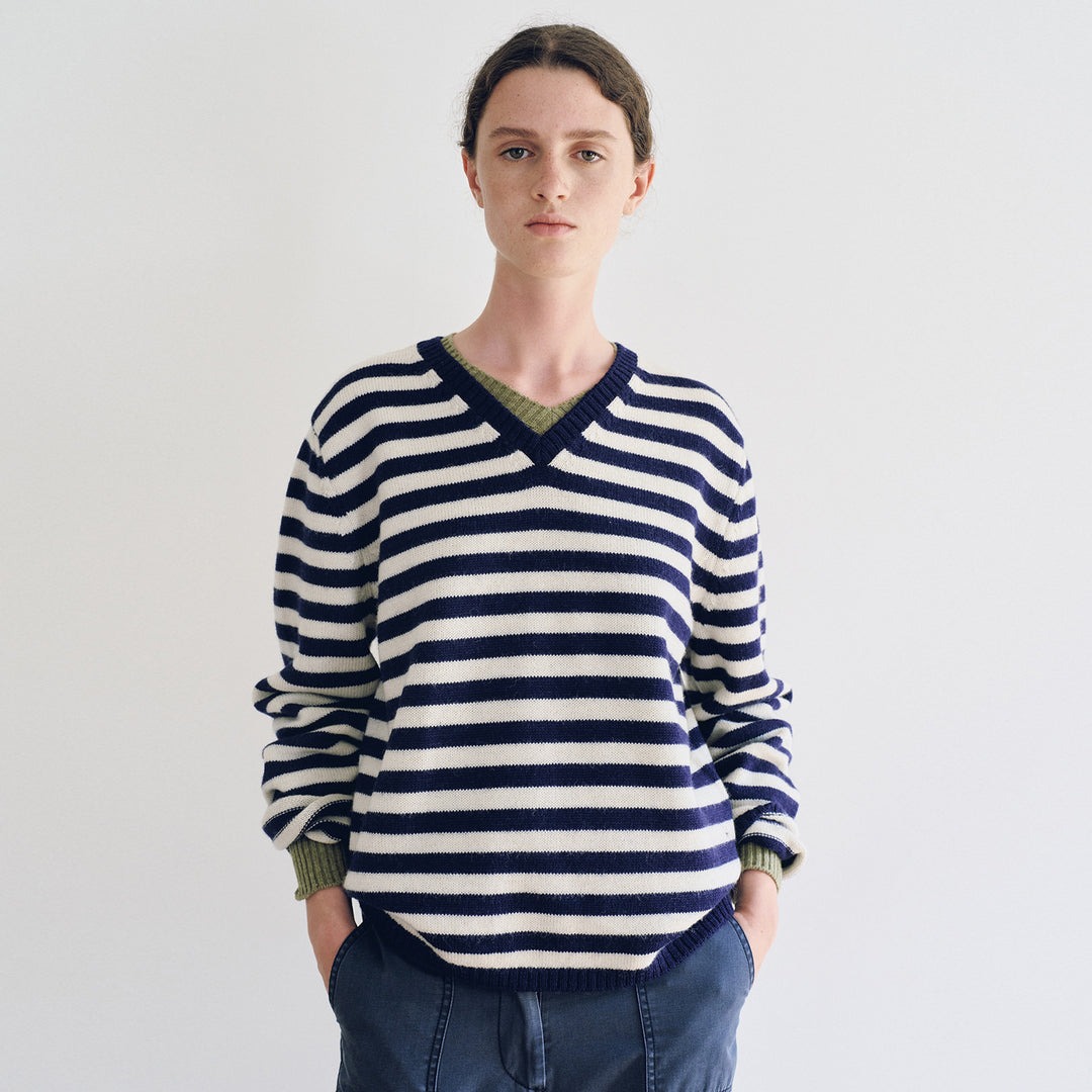 Damen V-Ausschnitt Pullover mit Streifenmuster Drune