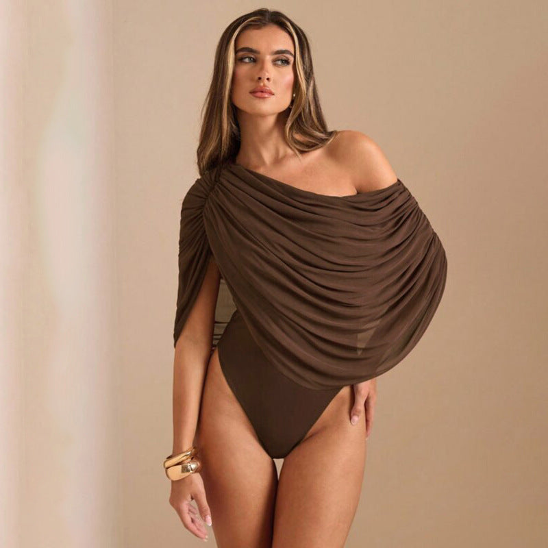 Damen Einseitiger Chiffon-Bodysuit mit Drapierungen Drune