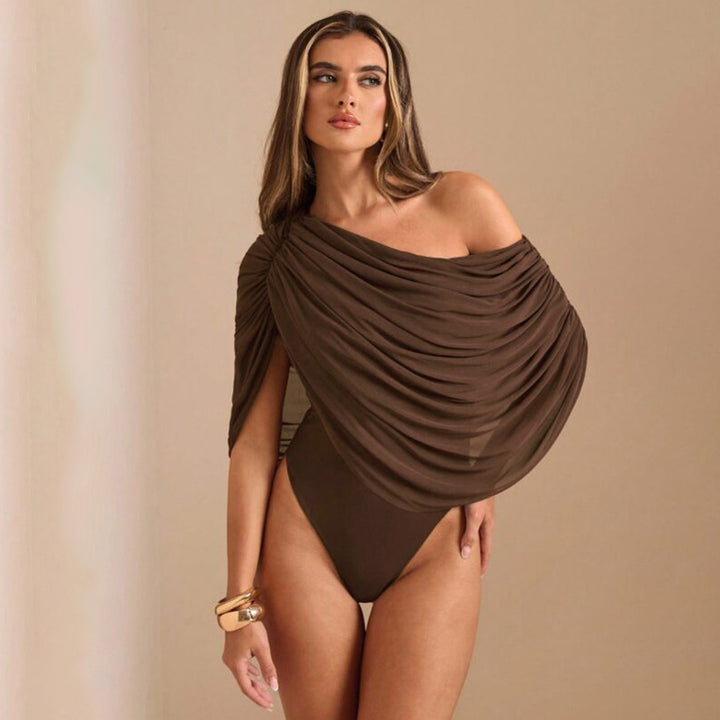 Damen Einseitiger Chiffon-Bodysuit mit Drapierungen Drune