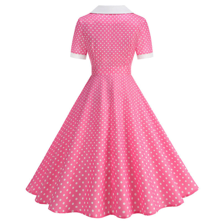 Damen Vintage Polka-Dot Kleid mit Schößchen und Kragen Drune