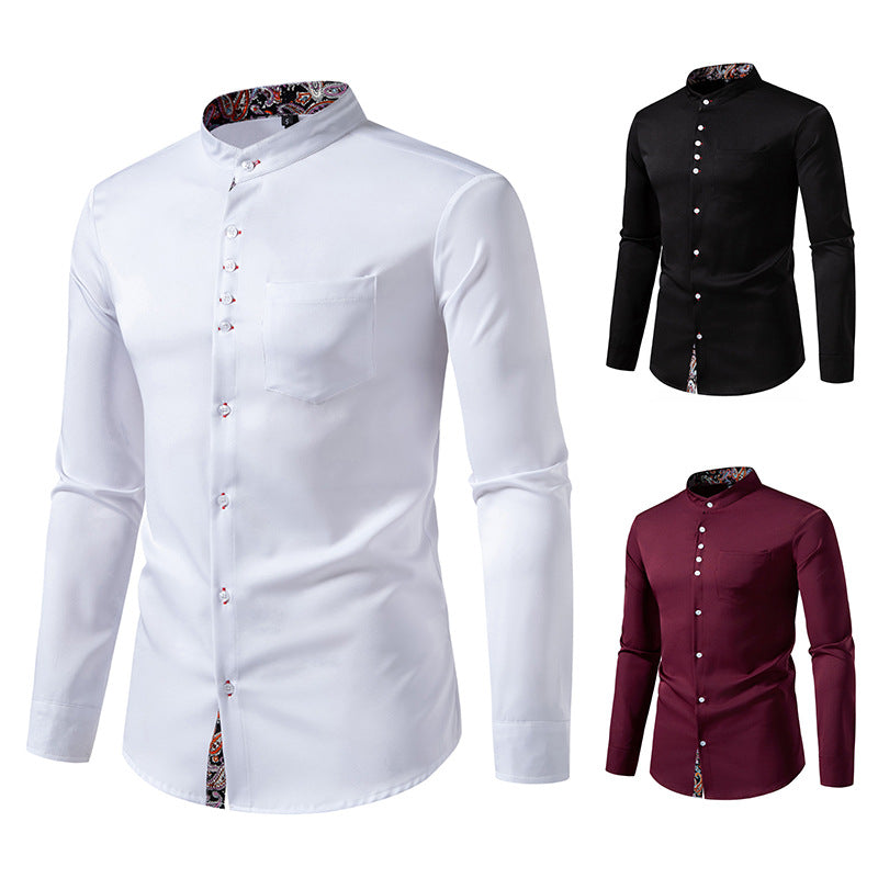 Herren Langarm Hemd mit modernem Stehkragen und Paisleymuster Drune