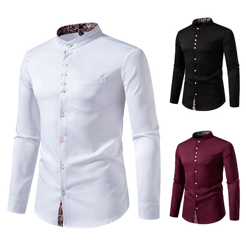 Herren Langarm Hemd mit modernem Stehkragen und Paisleymuster Drune