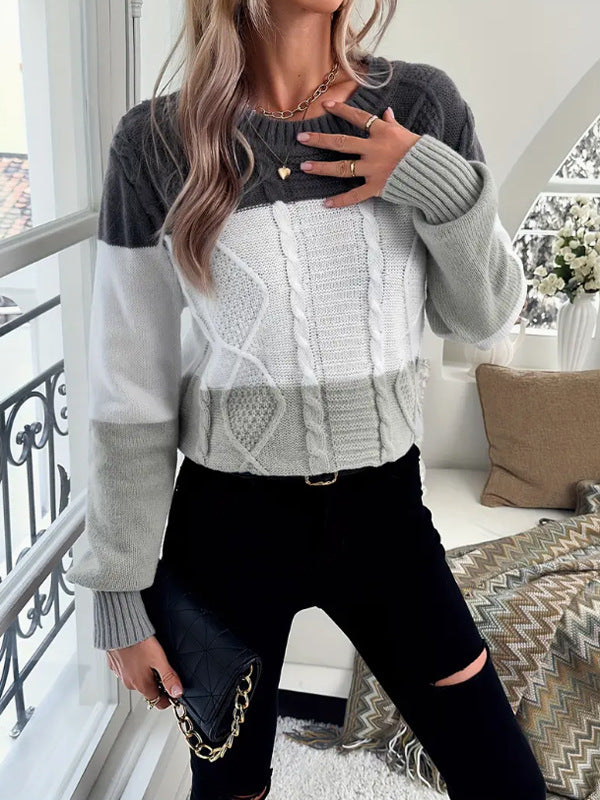 Damen Grobstrickpullover mit modischem Zopfmuster und kontrastierenden Farben Drune