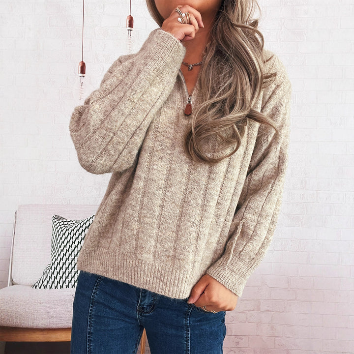 Damen Strickpullover mit kurzer Reißverschlussleiste und Wellenstruktur Drune