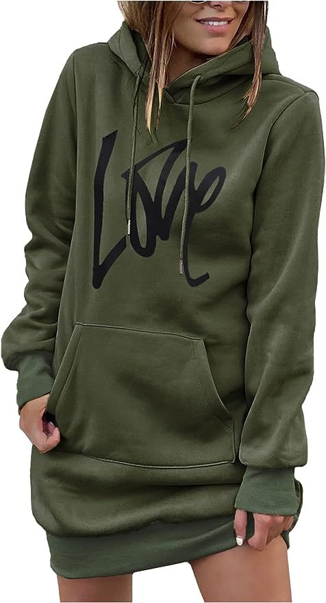 Damen Hoodie-Kleid mit Kängurutasche und auffälligem Schriftzug Drune