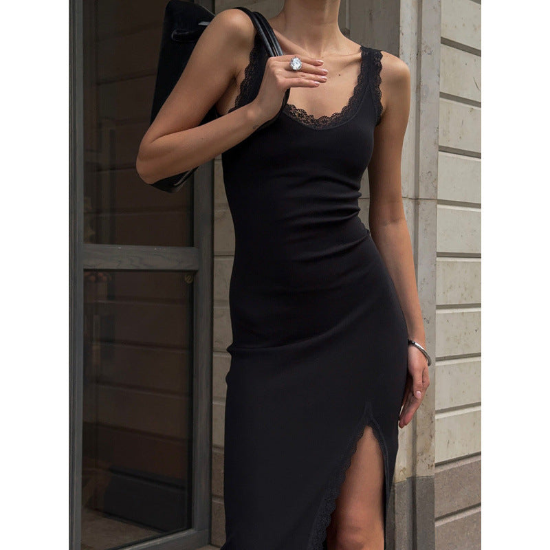 Damen Maxikleid mit Spitzenabschluss und hohem Schlitz Drune