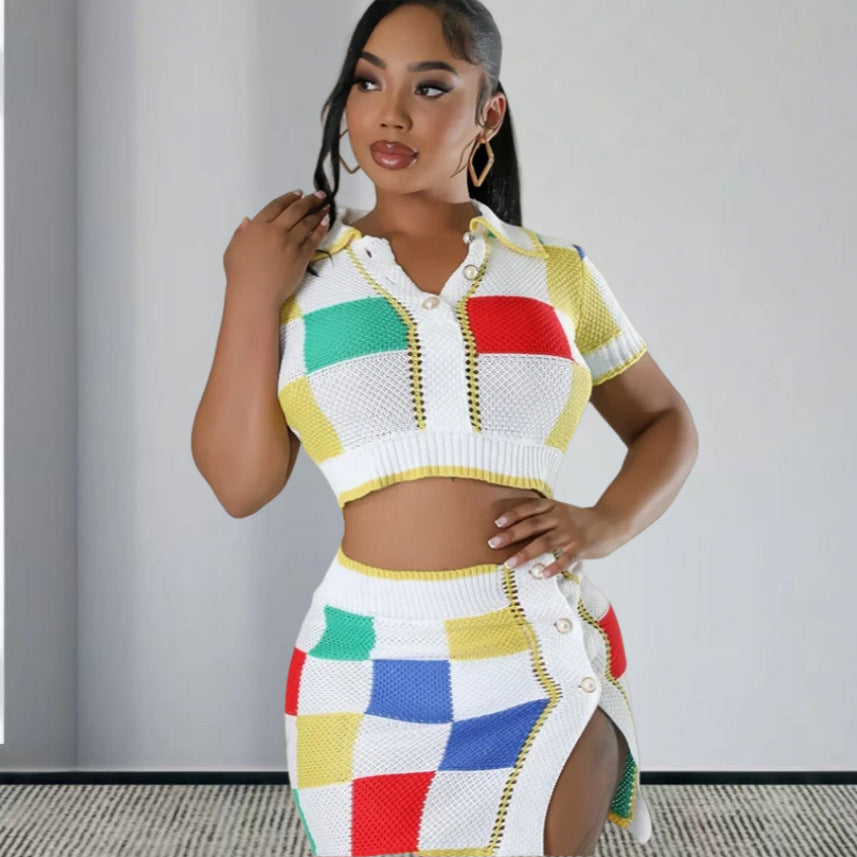 Damen Set aus modischem Crop-Top und figurbetonendem Rock mit Knopfdetails Drune