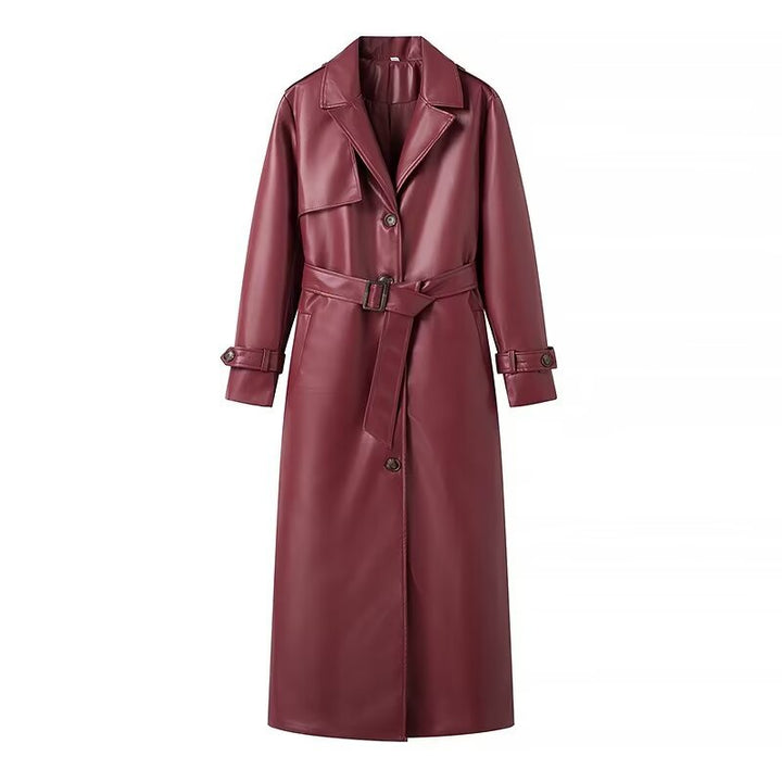 Damen elegante Kunstleder Trenchjacke mit Gürtel und hohen Revers Drune