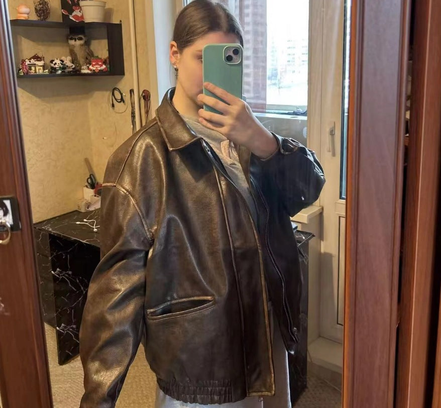 Damen Lederjacke im Vintage-Stil mit lässigem Schnitt Drune