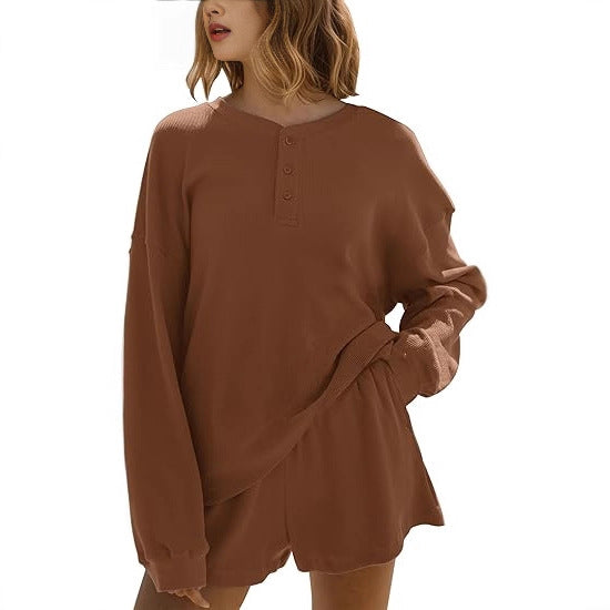 Damen lässiger Langarm-Hemdchen Pullover mit Knopfdetails Drune