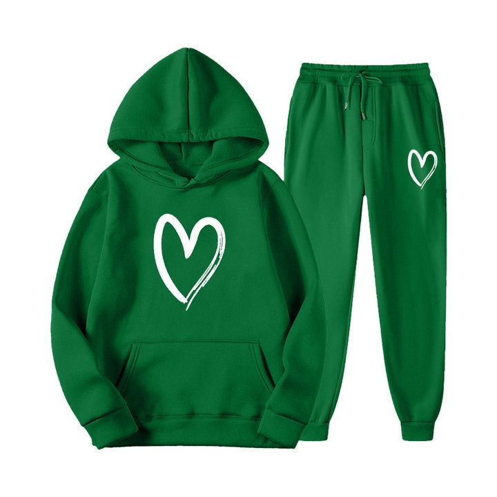 Damen Sweatsuit mit Kängurutasche und herzförmigem Print Drune