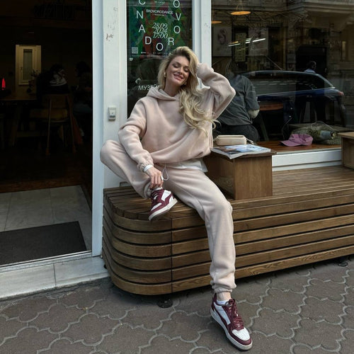 Damen kuscheliger Fleece-Jogginganzug mit hohen Bündchen und praktischen Taschen Drune