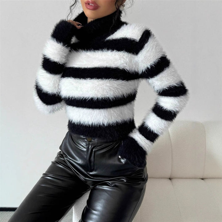 Damen modischer Strickpullover mit trendigem gestreiften Design und hohem Kragen Drune