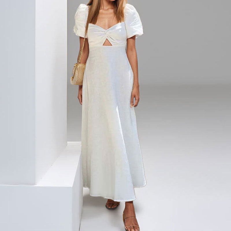 Damen Maxikleid mit voluminösen Puffärmeln und raffiniertem Schlüssel-Ausschnitt Drune