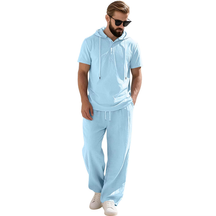 Herren nan lässiges Kurzarm-Kapuzenshirt im gekreppten Baumwollmix mit Henley-Knopfleiste Drune