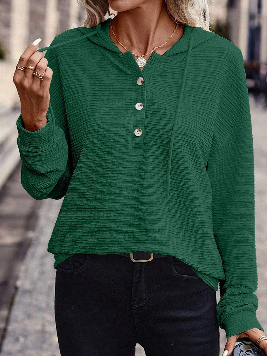 Damen Kapuzenshirt mit Knopfleiste und strukturierter Oberfläche Drune