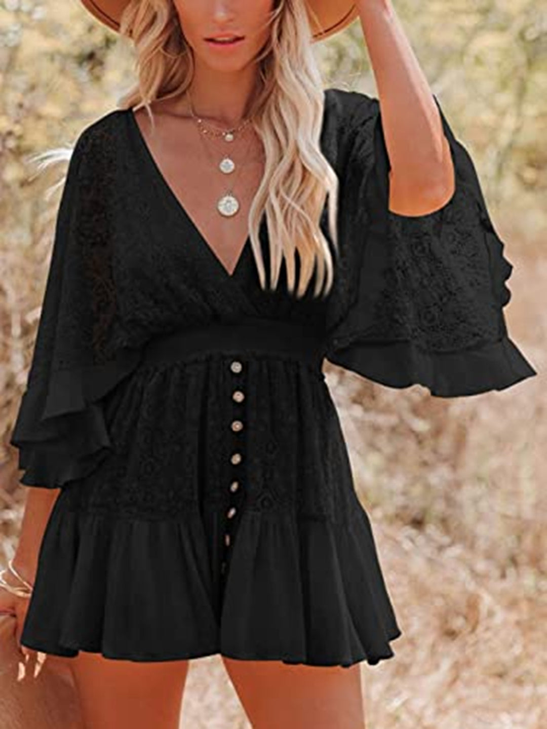 Damen Kleid mit offener Schulter und voluminösen Ärmeln Drune