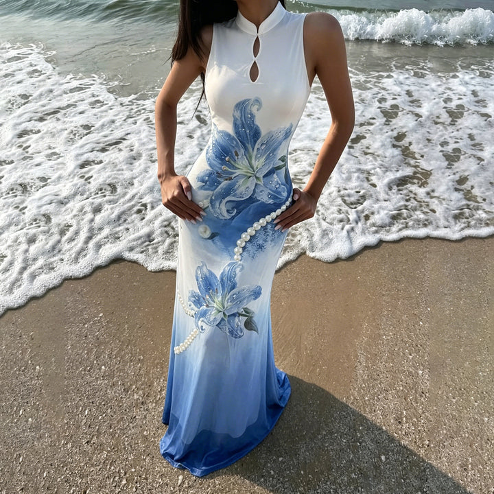 Damen Maxikleid mit floralem Druck und Perlenverzierungen Drune